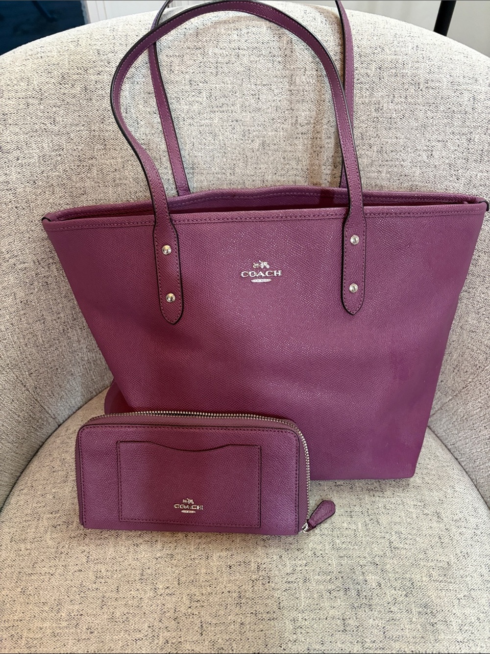 Coach Plum Leather Tote with Matching Zip Wallet